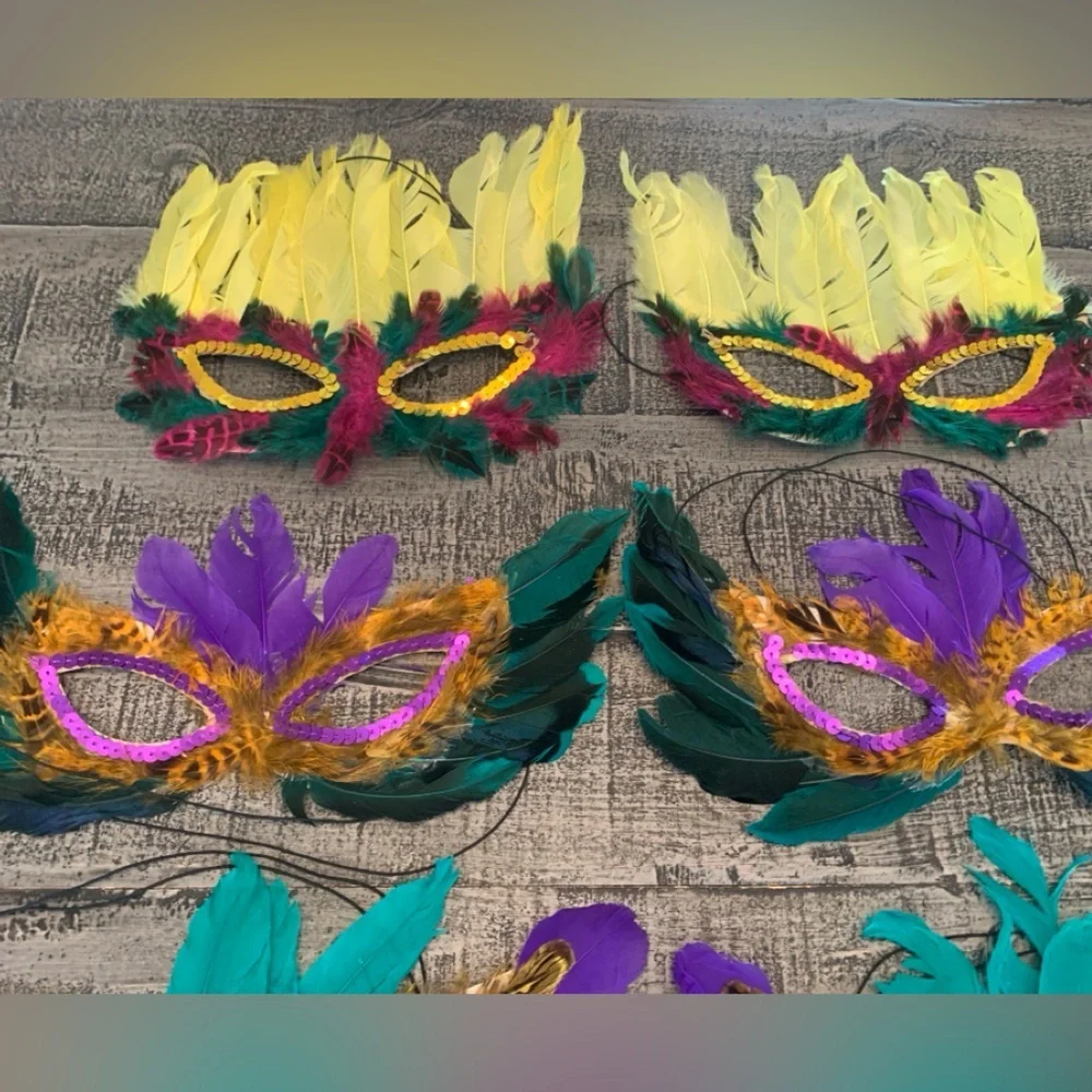 Mardi Gras Masks 8 Feathered Sequin Elastic Band Colorful Cute Bright Masquerade